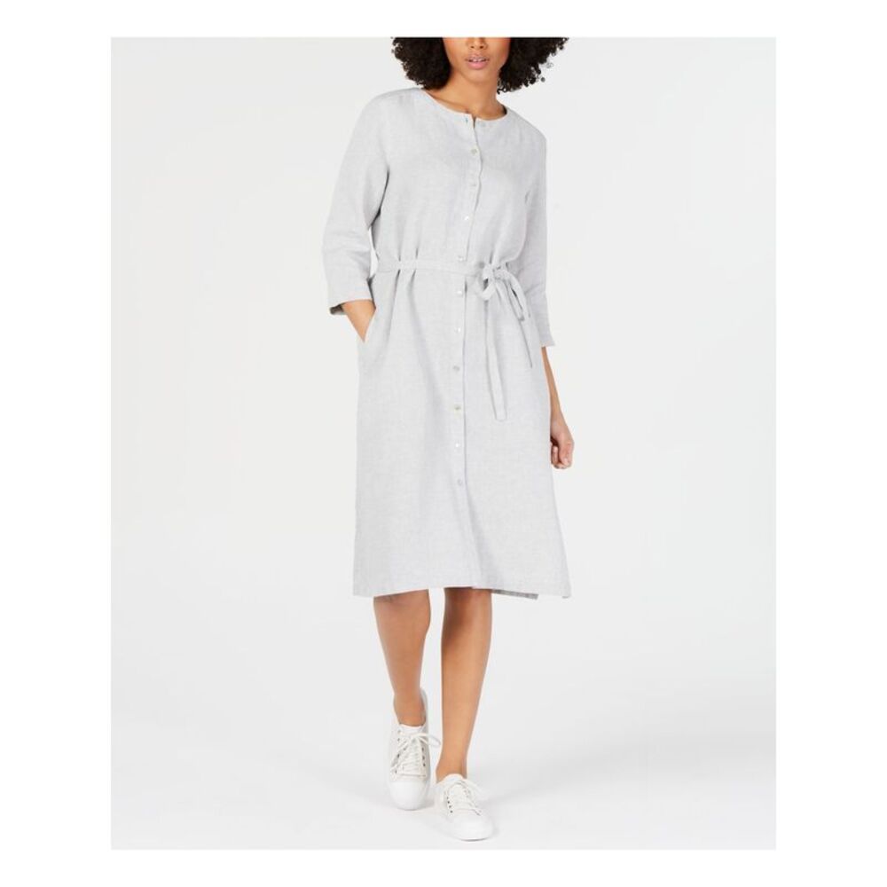 EILEEN FISHER Womens Gray Belted Organic Linen 3/4 Sleeve Shirt Dress XL